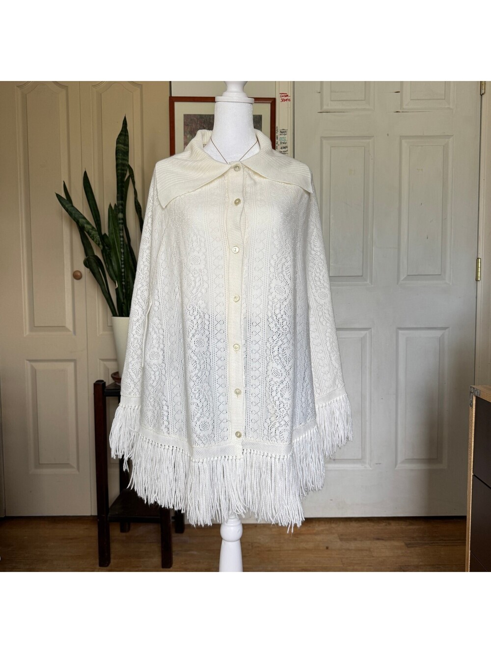 Vintage White Knit Button-Up Fringe Cape Sweater